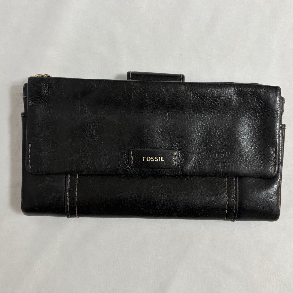 Fossil Leather Black Wallet Zip Multi Pockets Bi-Fold